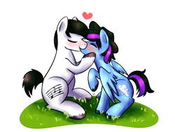 Size: 1400x1050 | Tagged: safe, artist:sugar morning, derpibooru import, oc, oc:glacier wind, oc:swing rhythm, unofficial characters only, earth pony, pegasus, pony, commission, couple, cute, eyes closed, gay, grass, hat, heart, kissing, love, male, oc x oc, shipping, simple background, stallion, transparent background