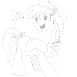 Size: 700x700 | Tagged: safe, artist:goat train, deleted from derpibooru, derpibooru import, apple bloom, pony, dialogue, hat, monochrome, older, older apple bloom, sketch, solo