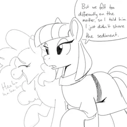 Size: 700x700 | Tagged: safe, artist:goat train, deleted from derpibooru, derpibooru import, maud pie, pinkie pie, pony, dialogue, laughing, monochrome, pun, rock pun, sketch