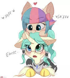 Size: 2217x2454 | Tagged: safe, artist:orang111, derpibooru import, oc, oc:coconut daiquiri, oc:sugar muffin, unofficial characters only, earth pony, pony, unicorn, blushing, cheek fluff, clothes, cloven hooves, curved horn, descriptive noise, duo, ear fluff, female, glasses, hairband, heart, heterochromia, lesbian, looking up, mare, muffindaiq, oc x oc, open mouth, shipping, simple background, sitting on head, sniffing, unshorn fetlocks, white background