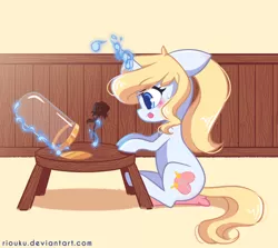 Size: 1024x913 | Tagged: safe, artist:riouku, derpibooru import, oc, oc:crystal summer, unofficial characters only, pony, unicorn, age spell, colored pupils, female, floppy ears, flower, indoors, magic, mare, sitting, solo, table, telekinesis, tongue out