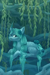 Size: 2480x3661 | Tagged: safe, artist:domidelance, derpibooru import, oc, unofficial characters only, pony, unicorn, blank flank, curved horn, female, flower, flower in hair, forest, frown, lying down, mare, solo, tree, tree branch