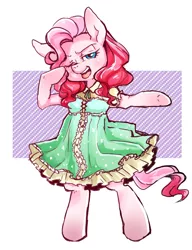 Size: 1000x1300 | Tagged: safe, artist:hobilo, derpibooru import, pinkie pie, earth pony, pony, clothes, dress, female, looking at you, mare, solo