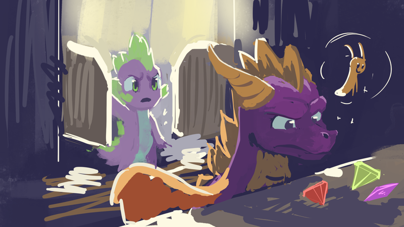 Size: 1920x1080 | Tagged: artist:hierozaki, crossover, dead source, derpibooru import, dragon, duo, fanfic fuel, gem, safe, sparx, spike, spyro the dragon