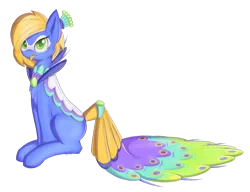 Size: 1024x786 | Tagged: artist:cha-squared, derpibooru import, female, mare, oc, oc:precious feather, original species, peacock pony, safe, simple background, sitting, solo, transparent background