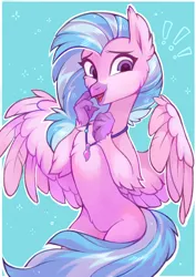 Size: 1774x2500 | Tagged: abstract background, artist:lispp, belly fluff, bipedal, blue background, cheek fluff, chest fluff, classical hippogriff, cute, derpibooru import, diastreamies, ear fluff, exclamation point, female, fluffy, hippogriff, jewelry, leg fluff, lidded eyes, looking at you, necklace, open mouth, safe, school daze, silverstream, simple background, smiling, solo, sparkles, spread wings, wing fluff, wings