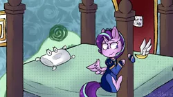 Size: 1280x720 | Tagged: safe, artist:urbanqhoul, derpibooru import, starlight glimmer, alicorn, alicornified, bed, clothes, discord tales, dream, dress, fairy tale, hanging, image, pillow, pinkie tales, png, race swap, solo, starlicorn, the alicorn and the pea, the princess and the pea, xk-class end-of-the-world scenario