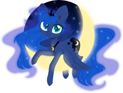 Size: 5000x3784 | Tagged: safe, artist:belka-sempai, derpibooru import, princess luna, alicorn, pony, absurd resolution, crescent moon, cutie mark, female, hooves, horn, jewelry, lineless, looking at you, mare, moon, prone, regalia, simple background, smiling, solo, spread wings, tangible heavenly object, tiara, transparent background, transparent moon, wings