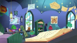 Size: 1920x1080 | Tagged: alicorn, background, bed, book, derpibooru import, fluttershy, globe, kite, mirror, moth, pinkie pie, plant, poster, rarity, safe, screencap, starlight glimmer, starlight's room, that pony sure does love kites, trixie, twilight sparkle, twilight sparkle (alicorn)