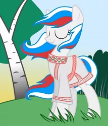 Size: 518x604 | Tagged: safe, artist:pony-paint, derpibooru import, oc, oc:marussia, ponified, unofficial characters only, earth pony, pony, birch, clothes, eyes closed, female, kimono (clothing), mare, nation ponies, russia, show accurate, smiling, solo, windswept mane