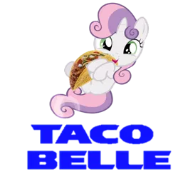 Size: 622x599 | Tagged: safe, artist:catkaiser, derpibooru import, sweetie belle, pony, unicorn, cute, diasweetes, female, filly, food, hug, on back, open mouth, pun, simple background, smiling, solo, taco, taco bell, taco belle, text, transparent background, uncyclopedia, visual pun