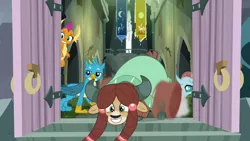 Size: 1280x720 | Tagged: safe, derpibooru import, screencap, gallus, ocellus, smolder, yona, changedling, changeling, dragon, gryphon, school daze, castle of the royal pony sisters, cloven hooves, dragoness, female, flying, male, wheel o feet