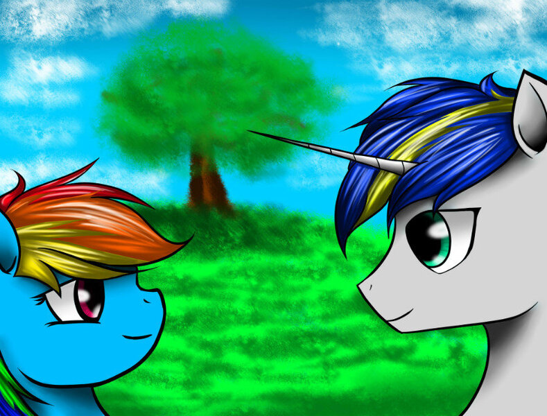 Size: 842x640 | Tagged: safe, artist:mcqueen, derpibooru import, rainbow dash, oc, oc:dopami korpela, pony, canon x oc, dopadash, looking at each other, shipping, tree