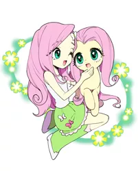 Size: 1792x2233 | Tagged: safe, artist:mituuuuya, derpibooru import, fluttershy, pegasus, pony, equestria girls, anime, anime style, boots, clothes, cute, daaaaaaaaaaaw, duo, female, hairpin, human ponidox, mare, moe, one eye closed, open mouth, self ponidox, shirt, shoes, shyabetes, simple background, skirt, style emulation, weapons-grade cute, wink