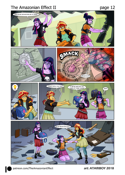 Size: 1681x2344 | Tagged: suggestive, artist:atariboy2600, artist:bluecarnationstudios, derpibooru import, sci-twi, sunset shimmer, twilight sparkle, comic:the amazonian effect, comic:the amazonian effect ii, equestria girls, backpack, canterlot high, chalkboard, clothes, comic, destruction, fetish, jacket, leather jacket, muscle fetish, muscles, pants, skirt, twilight muscle, twolight, wardrobe malfunction