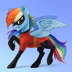 Size: 2112x2110 | Tagged: safe, artist:taneysha, derpibooru import, rainbow dash, pegasus, pony, clothes, cosplay, costume, crossover, dash parr, disney, female, mare, namesake, pixar, pun, raised hoof, simple background, solo, superhero, the incredibles, wings