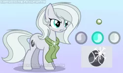 Size: 1024x611 | Tagged: safe, artist:sleppchocolatemlp, derpibooru import, oc, oc:lemon diamond pie, earth pony, pony, clothes, female, mare, parent:double diamond, parent:limestone pie, parents:limediamond, reference sheet, scarf, solo