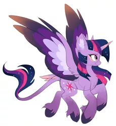 Size: 911x994 | Tagged: safe, artist:hioshiru, derpibooru import, twilight sparkle, twilight sparkle (alicorn), alicorn, pony, alternate design, chest fluff, colored hooves, colored wings, ear fluff, female, flying, gradient hooves, gradient horn, leonine tail, looking forward, mare, multicolored wings, redesign, side view, simple background, smiling, solo, spread wings, tail feathers, unshorn fetlocks, white background, wings