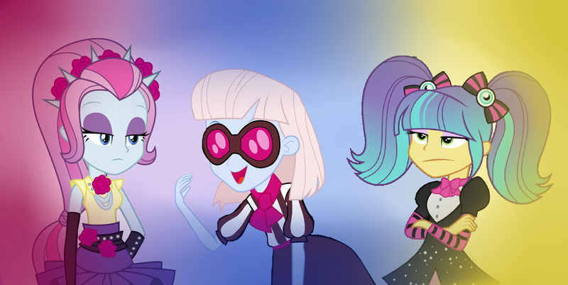 Size: 2640x1324 | Tagged: safe, artist:kokonaharuka45, derpibooru import, photo finish, pixel pizazz, violet blurr, equestria girls, female, glasses, the snapshots, trio, trio female