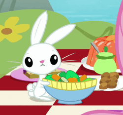 Size: 514x479 | Tagged: angel bunny, animated, cropped, derpibooru import, eating, fake it 'til you make it, food, gif, herbivore, lettuce, looking at you, male, rabbit, safe, screencap