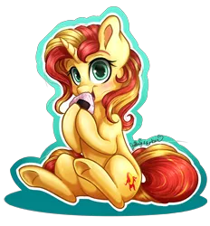 Size: 3948x4260 | Tagged: safe, artist:emberslament, artist:gaelledragons, color edit, derpibooru import, edit, sunset shimmer, pony, unicorn, collaboration, colored, cute, eating, female, food, jelly doughnut, mare, onigiri, shimmerbetes, simple background, sitting, solo, speedpaint available, transparent background