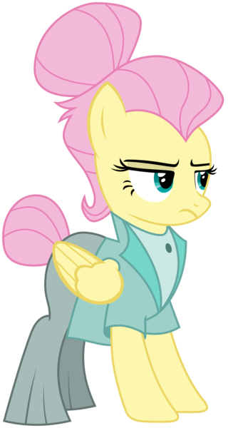 Size: 1203x2257 | Tagged: safe, artist:sonofaskywalker, derpibooru import, fluttershy, pegasus, pony, fake it 'til you make it, alternate hairstyle, clothes, female, hair bun, jacket, mare, pants, severeshy, simple background, snooty, solo, tail bun, transparent background, vector