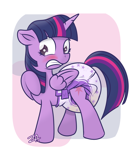 Size: 2948x3500 | Tagged: questionable, artist:zalakir, derpibooru import, twilight sparkle, twilight sparkle (alicorn), alicorn, pony, abstract background, accident, adorkable, blushing, caught, cute, diaper, diaper fetish, dork, fetish, pissing, poofy diaper, raised hoof, signature, solo, surprised, twiabetes, urine, wet diaper, wetting