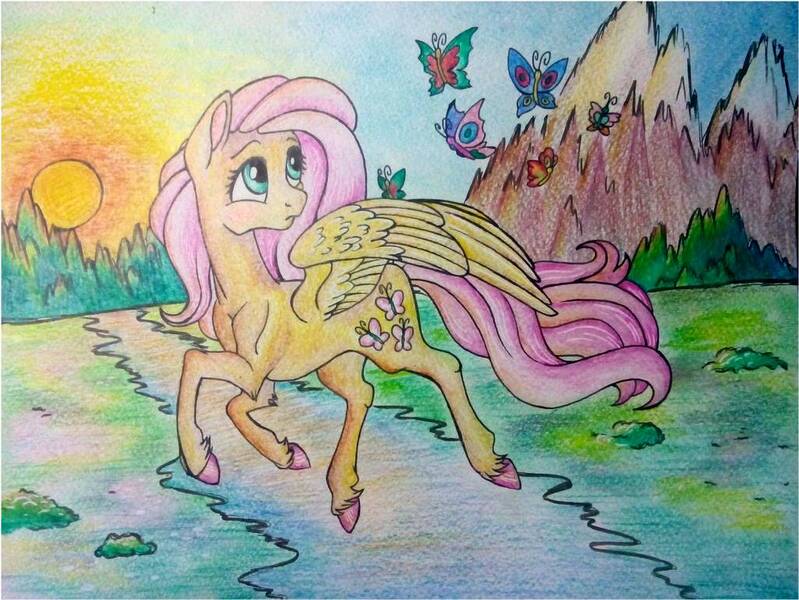 Size: 1026x770 | Tagged: safe, artist:pony-paint, derpibooru import, fluttershy, butterfly, pegasus, pony, female, looking back, mare, mountain, sunset, traditional art, unshorn fetlocks