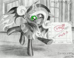 Size: 2732x2151 | Tagged: safe, artist:magnifsunspiration, derpibooru import, oc, oc:melissent outshine, pony, unicorn, clothes, female, growth chart, high res, magic, mare, monochrome, neo noir, one eye closed, partial color, pencil, socks, solo, traditional art, wink