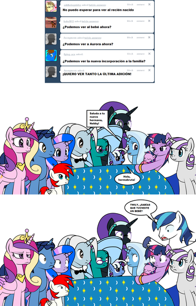 Size: 1053x1646 | Tagged: safe, artist:dekomaru, derpibooru import, night light, princess cadance, shining armor, trixie, twilight sparkle, twilight velvet, oc, oc:aurora, oc:midnight, oc:nebula, oc:nyx, alicorn, pony, unicorn, tumblr:ask twixie, alicorn oc, ask, baby, baby pony, comic, female, lesbian, magical lesbian spawn, male, newborn, offspring, parent:trixie, parent:twilight sparkle, parents:twixie, shiningcadance, shipping, spanish, straight, translation, tumblr, twixie