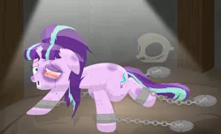 Size: 3554x2154 | Tagged: semi-grimdark, artist:porygon2z, derpibooru import, starlight glimmer, pony, unicorn, abuse, anatomically incorrect, background pony strikes again, bloodshot eyes, bondage, broken horn, bruised, chains, crying, dead, edgy, floppy ears, frown, glimmerbuse, incorrect leg anatomy, missing teeth, s5 starlight, shackles, skull, solo, teary eyes, tooth gap, torture, unsexy bondage, why, wide eyes