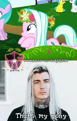 Size: 1024x1600 | Tagged: safe, derpibooru import, screencap, lemon hearts, lightning bolt, white lightning, pony, no second prances, background pony, cute, floral head wreath, flower, flower in hair, ghostemane, meme, park, reference, that's my pony, that's my x, unitárium