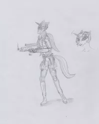 Size: 1401x1758 | Tagged: alicorn, alternate hairstyle, anthro, artist:coppercat25, derpibooru import, fear, female, grayscale, gun, looking at you, monochrome, princess celestia, safe, shotgun, solo, traditional art, weapon