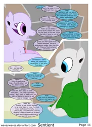 Size: 3840x5280 | Tagged: safe, artist:waveywaves, derpibooru import, oc, oc:joule, oc:perry, unofficial characters only, pony, robot, robot pony, comic:sentient, blanket, comic, speech bubble