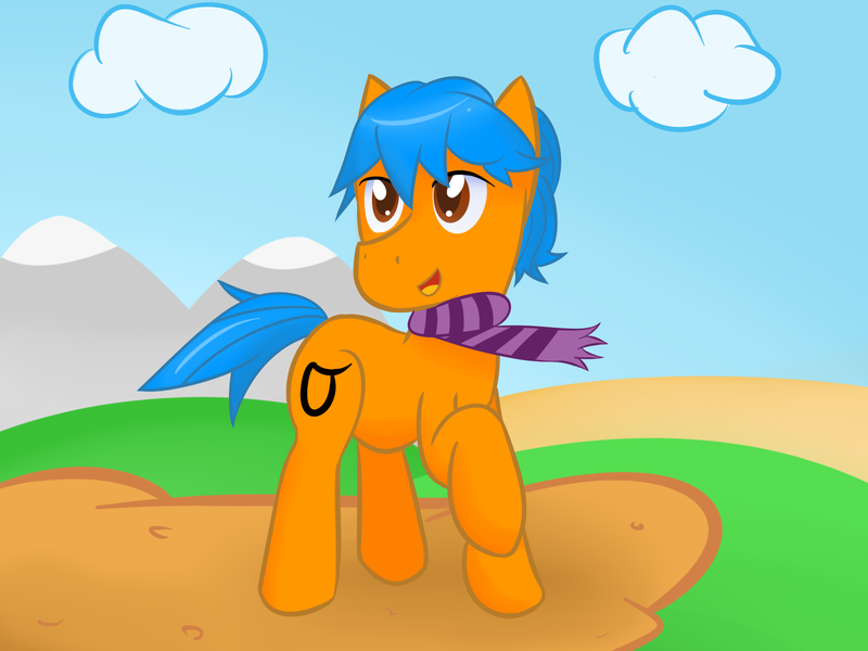 Size: 1600x1200 | Tagged: safe, artist:ponballoon, deleted from derpibooru, derpibooru import, oc, oc:samekh, unofficial characters only, earth pony, pony, clothes, cloud, male, mountain, outdoors, raised hoof, scarf, solo, stallion