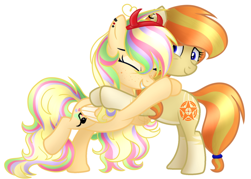 Size: 1680x1200 | Tagged: safe, artist:xxmelody-scribblexx, derpibooru import, oc, oc:melody scribble, unofficial characters only, earth pony, pegasus, pony, colored wings, colored wingtips, duo, duo female, ear piercing, eyes closed, female, freckles, happy, headband, hug, long mane, mare, messy mane, piercing, raised leg, simple background, socks (coat marking), tail band, transparent background, two toned wings