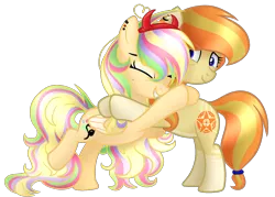 Size: 1680x1200 | Tagged: safe, artist:xxmelody-scribblexx, derpibooru import, oc, oc:melody scribble, unofficial characters only, earth pony, pegasus, pony, colored wings, colored wingtips, duo, duo female, ear piercing, eyes closed, female, freckles, happy, headband, hug, long mane, mare, messy mane, piercing, raised leg, simple background, socks (coat marking), tail band, transparent background, two toned wings