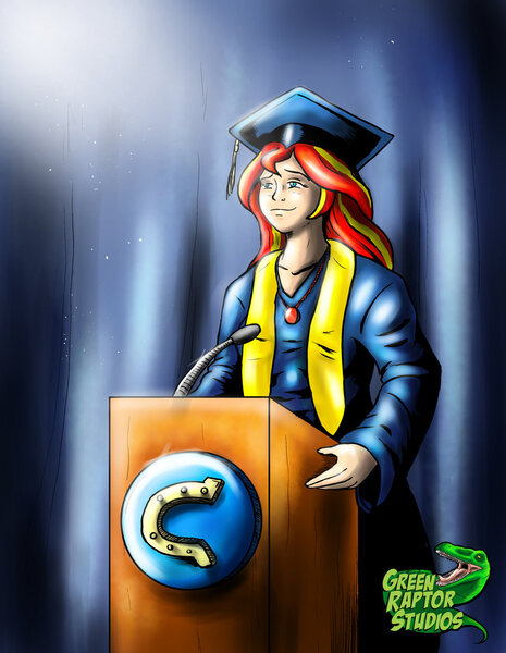 Size: 1024x1321 | Tagged: safe, artist:greenraptor15, derpibooru import, sunset shimmer, human, equestria girls, canterlot high, clothes, female, geode of empathy, graduation, graduation cap, hat, humanized, podium, solo