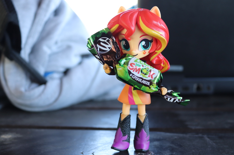 Size: 6000x4000 | Tagged: safe, artist:artofmagicpoland, derpibooru import, sunset shimmer, equestria girls, candy, doll, equestria girls minis, food, holding, ponymeet, solo, toy