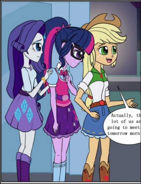 Size: 1042x1359 | Tagged: safe, artist:verumtee, deleted from derpibooru, derpibooru import, applejack, rarity, sci-twi, twilight sparkle, equestria girls, cropped, dialogue