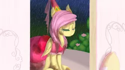 Size: 1024x576 | Tagged: safe, artist:laps-sp, derpibooru import, fluttershy, pony, clothes, cute, discord tales, dress, eyes closed, fairy tale, image, pinkie tales, png, princess fluttershy, rain, sad, sadorable, sitting, solo, the alicorn and the pea, the princess and the pea