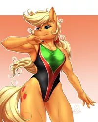 Size: 2280x2850 | Tagged: safe, artist:mykegreywolf, derpibooru import, applejack, anthro, earth pony, applejacked, armpits, athletic, clothes, cute, female, high-cut clothing, jackabetes, mare, muscles, muscular female, one-piece swimsuit, pose, sexy, simple background, solo, sports outfit, sports swimsuit, swimsuit