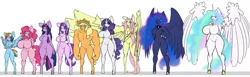 Size: 6500x2000 | Tagged: suggestive, artist:limebreaker, derpibooru import, applejack, fluttershy, pinkie pie, princess celestia, princess luna, rainbow dash, rarity, starlight glimmer, twilight sparkle, alicorn, anthro, earth pony, gorilla, pegasus, unguligrade anthro, unicorn, :3, applejacked, barbie doll anatomy, big breasts, breasts, busty pinkie pie, busty princess celestia, busty princess luna, busty rarity, busty starlight glimmer, busty twilight sparkle, featureless breasts, featureless crotch, female, floppy ears, huge breasts, impossibly large wings, looking at you, mane six, mare, muscles, quality, simple background, size difference, smiling, smoldash, spread wings, tallershy, wat, white background, wings