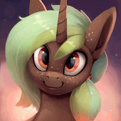 Size: 450x450 | Tagged: safe, artist:rodrigues404, derpibooru import, oc, unofficial characters only, pony, unicorn, abstract background, animated, bust, cinemagraph, commission, freckles, looking at you, male, smiling, solo, stallion