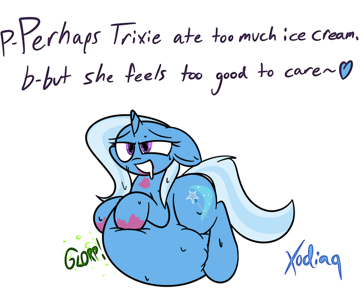 Size: 3000x2400 | Tagged: questionable, artist:xodisvorebin, derpibooru import, trixie, unicorn, belly, belly bed, drool, fat, female, food on face, huge belly, impossibly large belly, inflation, messy eating, solo, solo female, squishy, stuffed, stuffing, sweat, the great and bountiful trixie