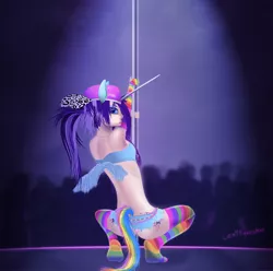 Size: 1600x1588 | Tagged: suggestive, artist:lexifyrestar, derpibooru import, oc, oc:lexi fyrestar, unofficial characters only, human, unicorn, breasts, clothes, cosplay, costume, dancing, delicious flat chest, humanized, humanized oc, jewelry, necklace, pole dancing, pony ears, ponysona, ponytail, rainbow socks, signature, small breasts, socks, stockings, striped socks, stripper pole, thigh highs, wings