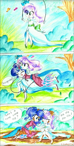 Size: 2064x4070 | Tagged: safe, artist:liaaqila, derpibooru import, rarity, sweetie belle, butterfly, equestria girls, make new friends but keep discord, clothes, comic, cute, diasweetes, dress, duo, female, flower, flower in hair, gala dress, jump rope, jumping, laughing, liaaqila is trying to murder us, messy hair, mud, muddy, raribetes, scrunchy face, sisterly love, sisters, tickling, traditional art, weapons-grade cute