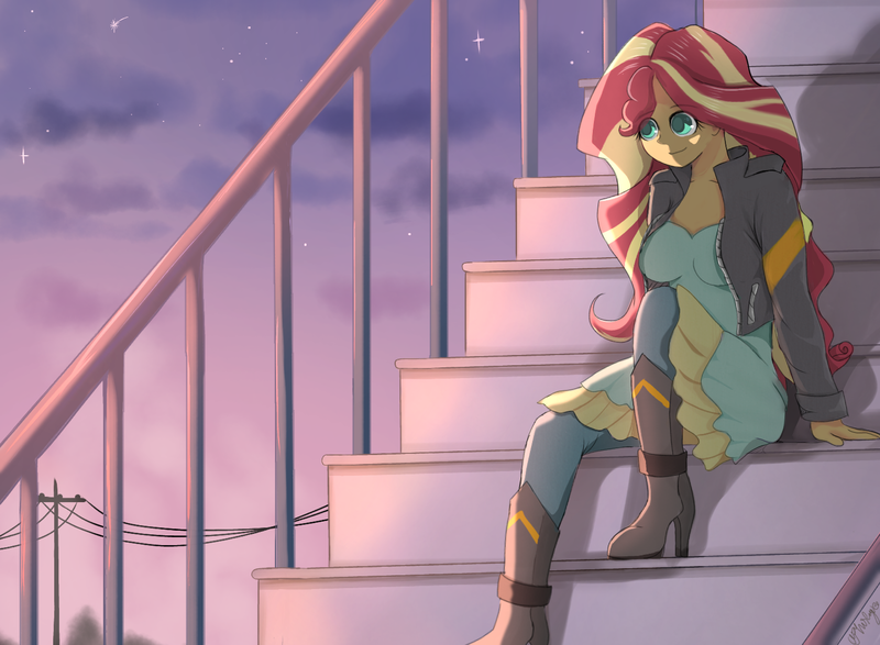 Size: 1559x1143 | Tagged: safe, artist:whiskyice, derpibooru import, sunset shimmer, equestria girls, boots, clothes, dress, female, high heel boots, jacket, jeans, leather jacket, pants, shirt, shoes, solo, stairs