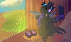 Size: 2500x1500 | Tagged: suggestive, artist:twilightwolf91, derpibooru import, oc, oc:neo miley, unofficial characters only, anthro, changeling, plantigrade anthro, adorasexy, changeling egg, changeling oc, clothes, cute, egg, feet, goggles, grass, hay bale, heart, holiday, purple changeling, scarf, sexy, socks, tongue out, valentine's day