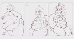 Size: 1280x685 | Tagged: artist:ahobobo, black and white, breasts, chubby, claws, derpibooru import, dragon, dragoness, dragonlard ember, fat, female, grayscale, horns, monochrome, morbidly obese, obese, princess ember, simple background, solo, solo female, suggestive, weight gain, white background, wingless
